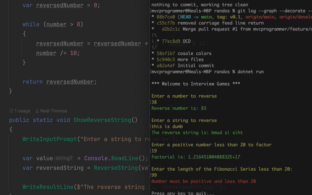 Interview Games console application running in a terminal beside its C# source