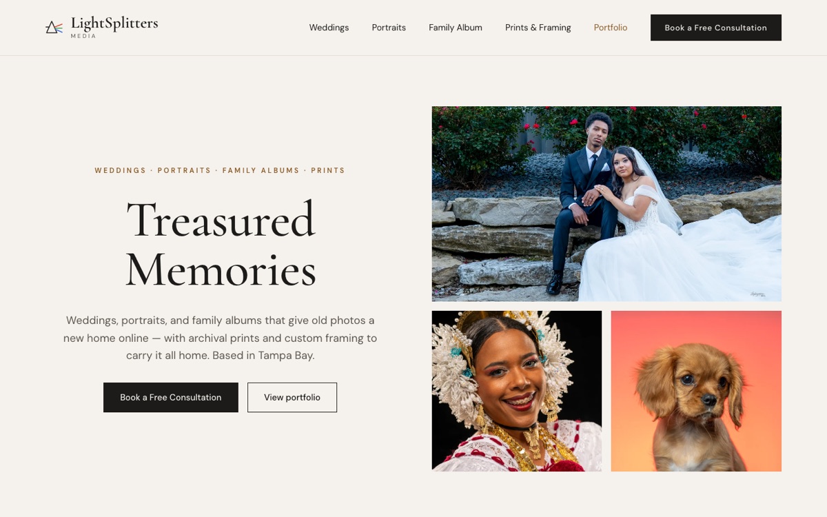 Home page of lightsplitters.com showing the LightSplitters Media wedding, portrait, and pet photography galleries