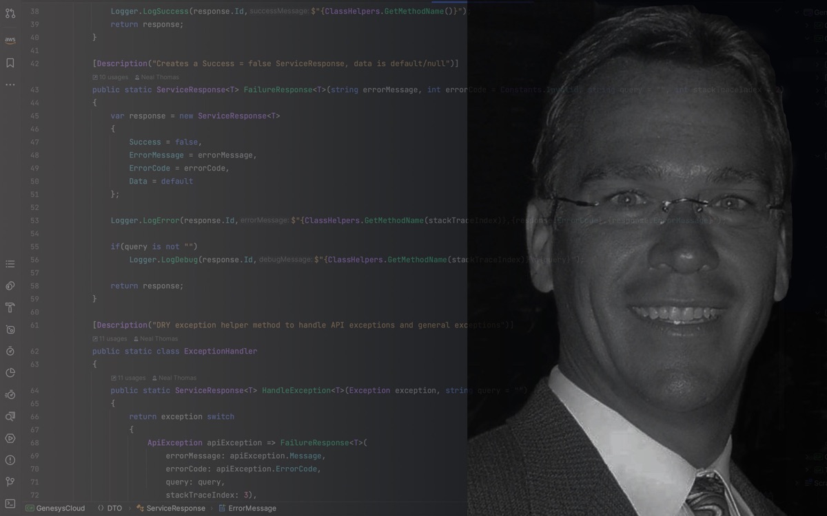 Neal Thomas, with C# service code from a .NET API in the background